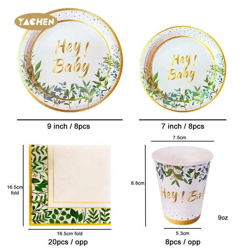 YACHEN Greenery Baby Shower Party Supplies Disposable Baby Birthday Party Tableware set Paper Plates Napkins Cups