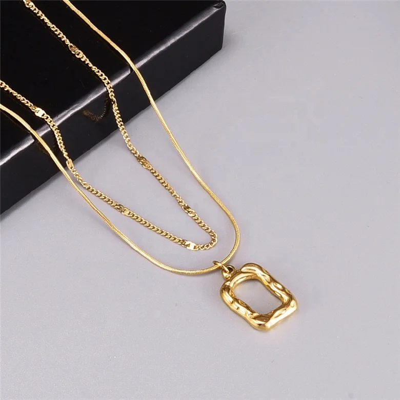 Trendy Jewelry Double Layer Round Snake Chain Hollow Square Charm Plated 18k Gold Stainless Steel Choker Necklace