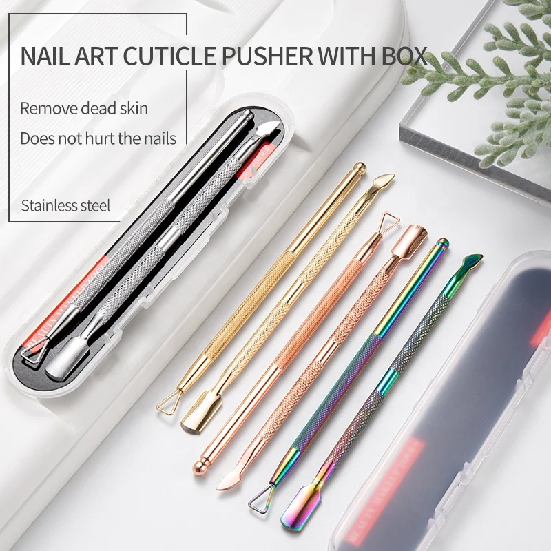 Nail Dead Skin Cuticle Pusher Stainless Steel Double End Nail Dotting Pen with Storage Box