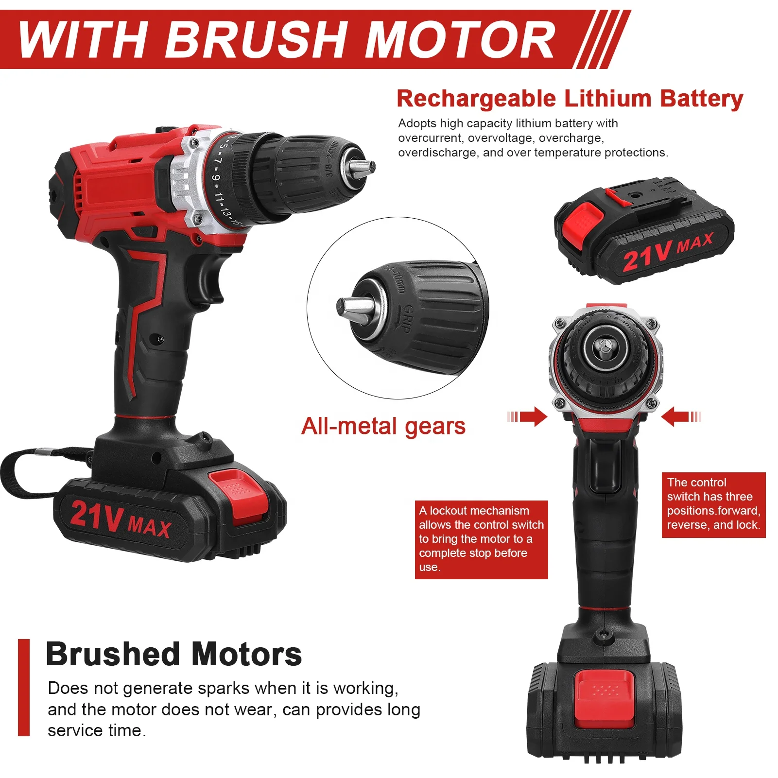 Household Multifunctional 21V Electric Drill 2 Speeds Control Stepless Speed Regulation Rotation Ways