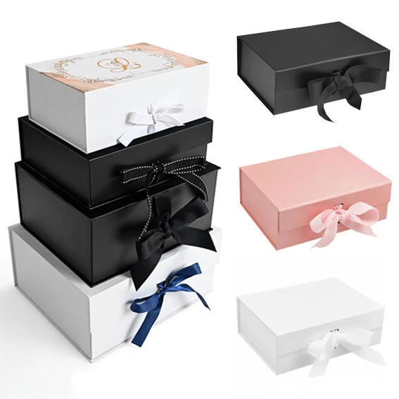 Custom Size Large Ribbon Closure Wedding Dress Paper Packaging Box Cardboard Magnetic Flat Folding Gift Boxes With Logo