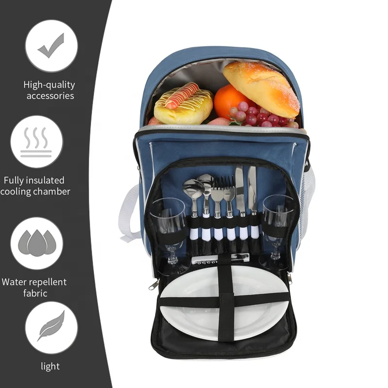 Polyester Foldable 2 Person Sunny Life Picnic Backpack Set Camping Wine Insulated Cooler Picnic Bag