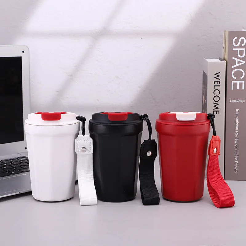New Wholesale 390ml Portable Coffee Mugs sublimation blank Car Travel Insulated Cups With Leakproof Lid and Lanyard Vaso Termico