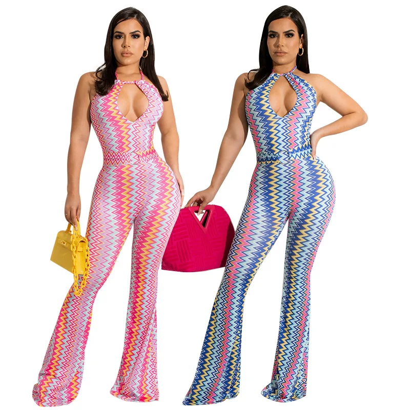 M7535 European and American  hot new hollow neck sexy tight wavy bell bottom printed  women jumpsuit