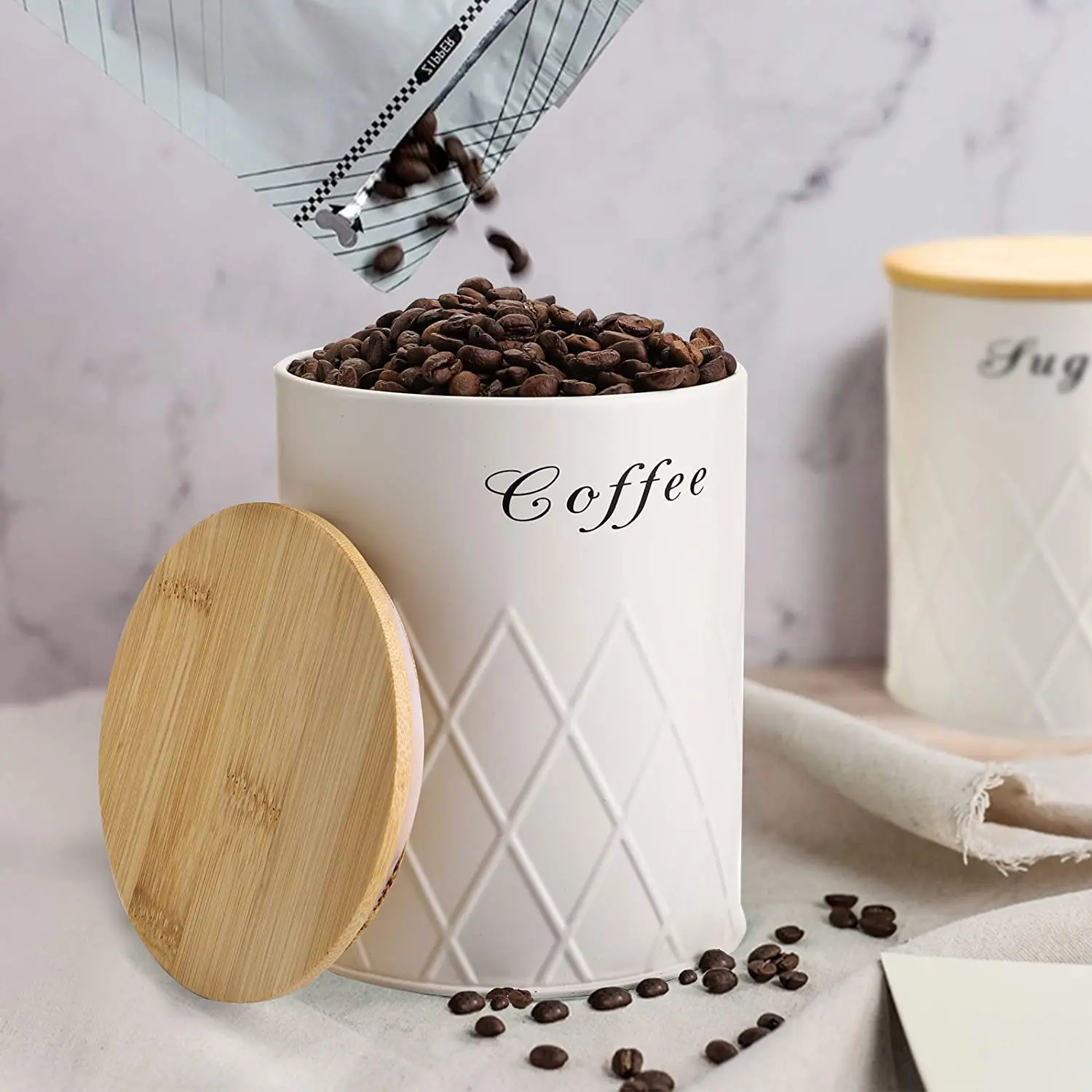 Set of 3 Metal Kitchen Canisters Sets Lids Coffee Sugar Tea Container with Airtight Metal Food Kitchen Accessories Europe White