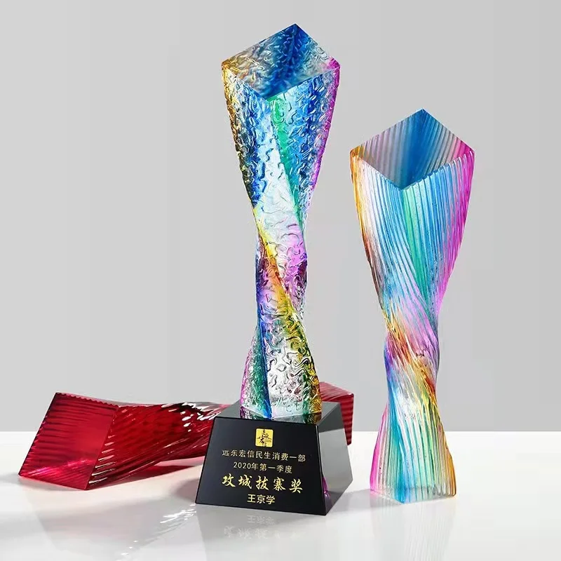 Crystal trophy colorful five-pointed star twisted pillar award souvenirs company school sports event reward engraved with names