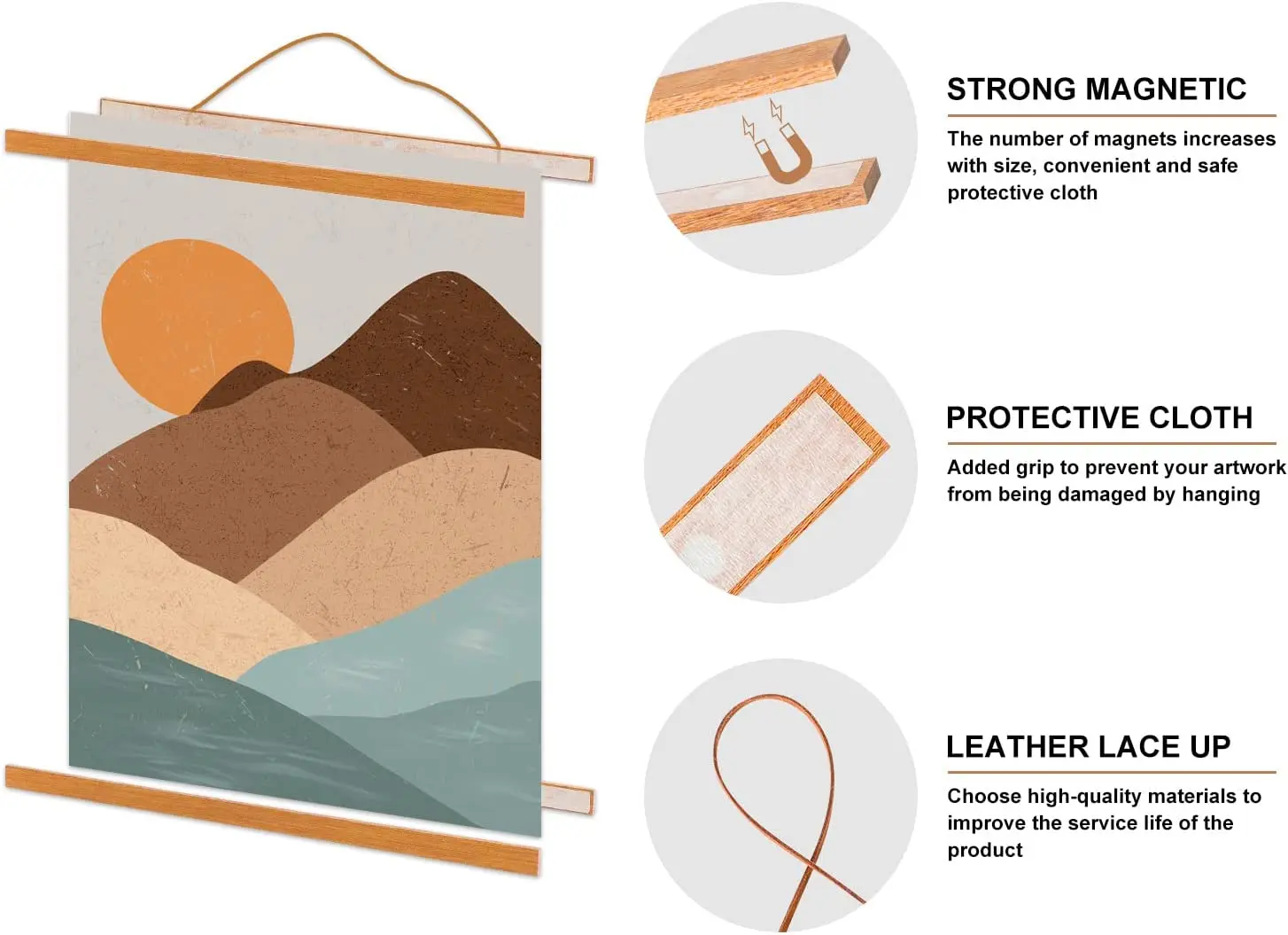 Wooden Magnetic Poster Hanger Frame Light Wood Magnet Canvas Artwork Print Dowel Poster Hangers Frames Hanging Kit Teak Wood