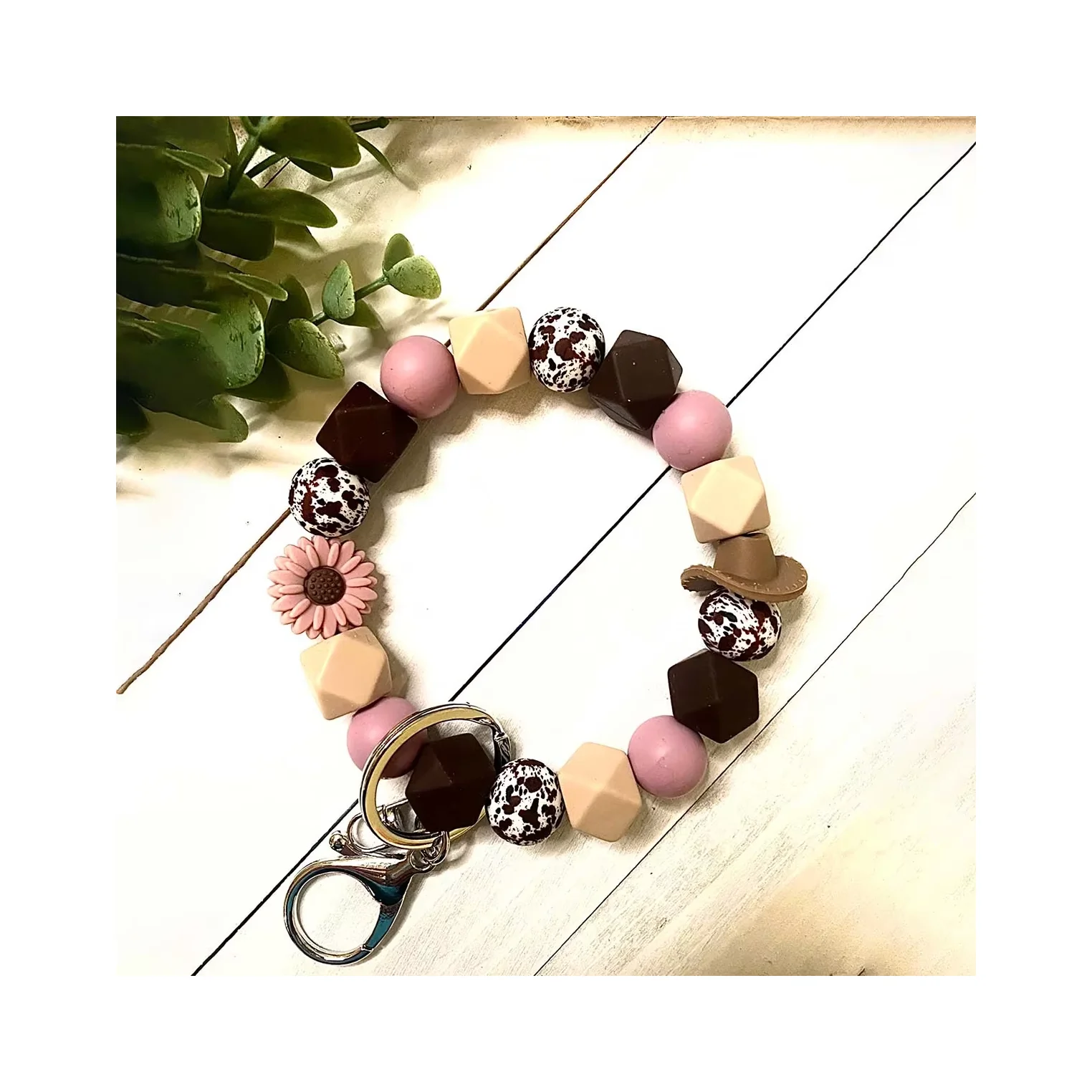 Girls Accessories Cow Print Silicone beads Bracelet Western Style Cowboy Hat Wristlet Keychain for Women