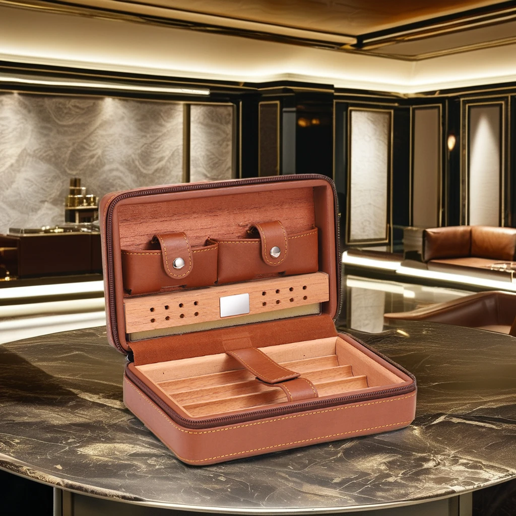 Portable Luxury Cedar Wood Leather Cigar Case Humidifier Travel Humidor Cabinet Storage Comes Gift Box