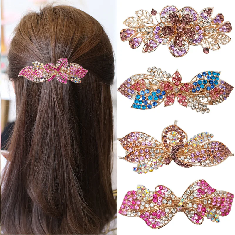 BELLEGIRL new design custom packaging hair accessories wholesale Korean women alloy rhinestone Gold plated bow spring hair clip