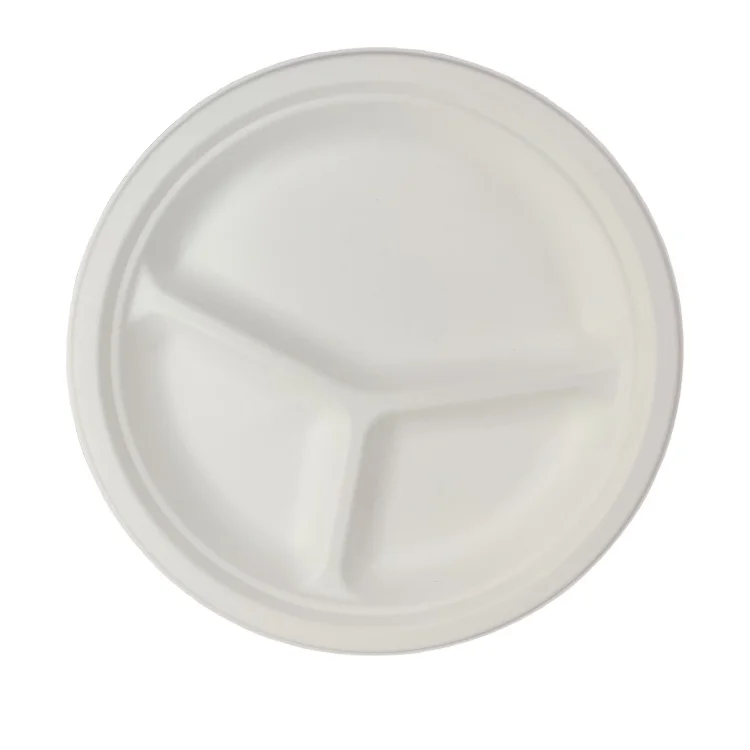 
disposable paper plate compostable sugarcane fiber white 10 inch 3 compartment plate 