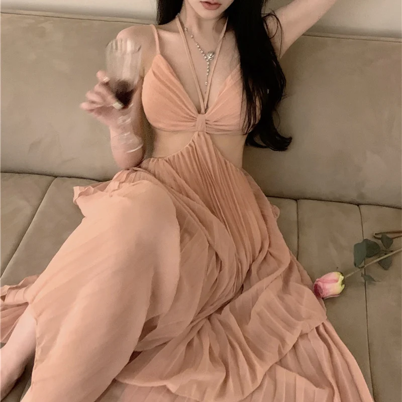 TAOP&ZA Dress Women 2024 Summer Sexy Hot Girl Hollow Design Slimming Temperament Suspender Long Dress 156