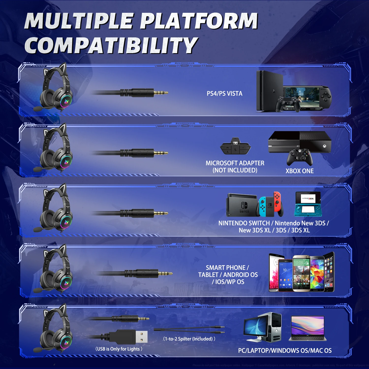 Noise Reduction Onikuma K9 Custom Pc Gamer Cat Ear Gaming Headset 7.1 With Mic