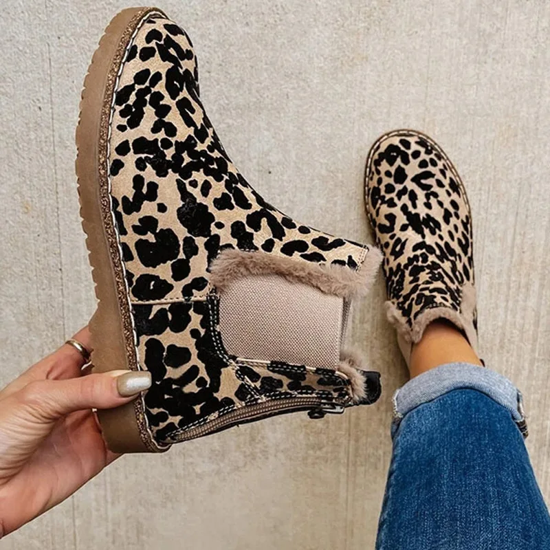 Latest Autumn Winter Women Plus Size Comfort Snow Boots  High Quality Warm And Non-slip Zipper Fly Leopard Printed Short Boots