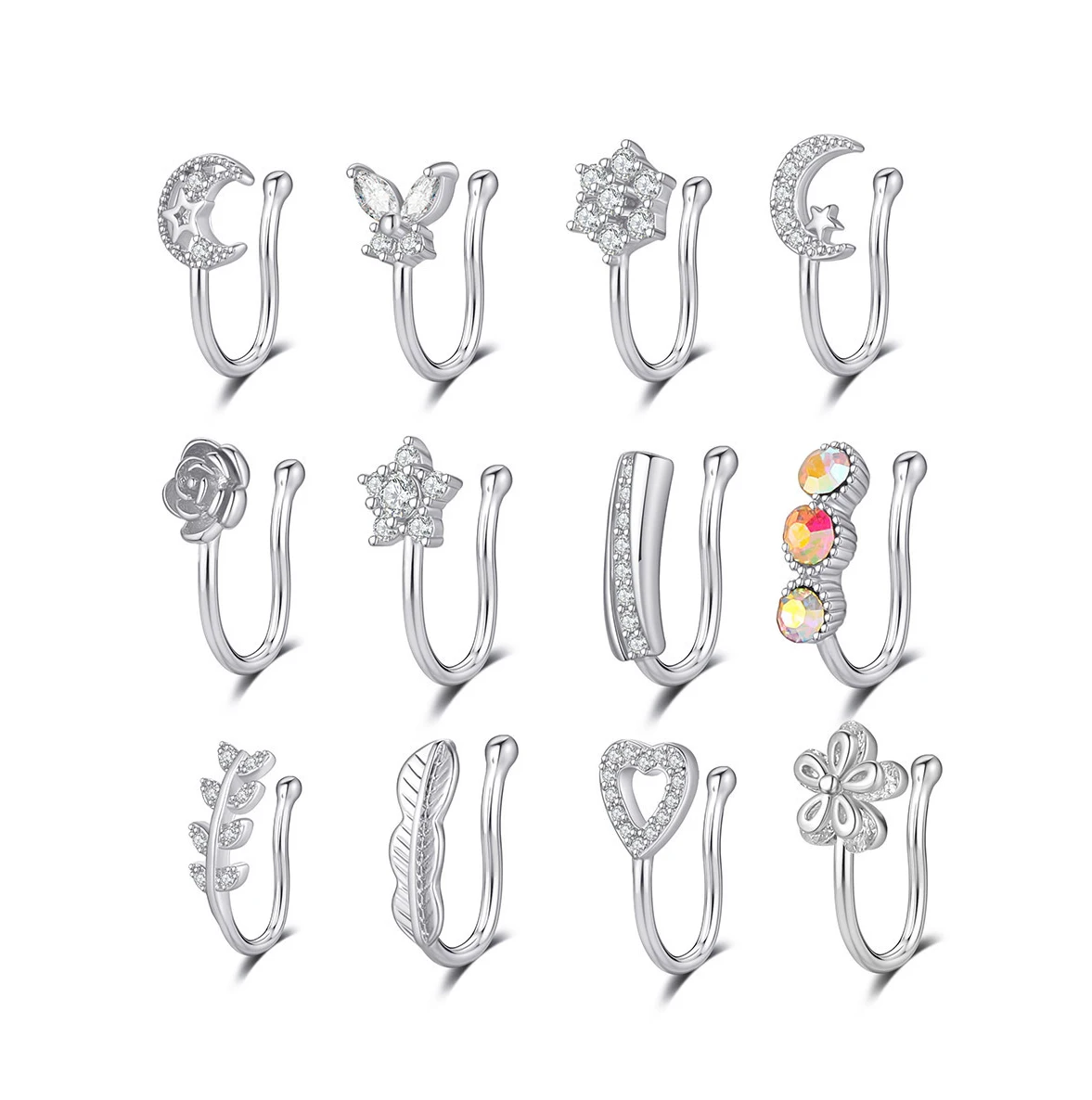 Искусственные кольца для носа с серебряным покрытием для мужчин и женщин с прозрачным цирконием, ювелирные изделия для пирсинга