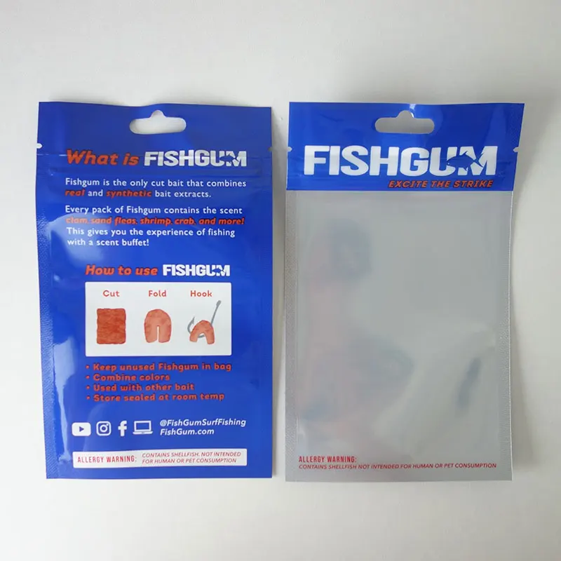 Custom Printing Glossy Aluminum Foil Fishing Bait Packaging clear Zipper Bags Fish Feed 3 Side Seal Pouch bag
