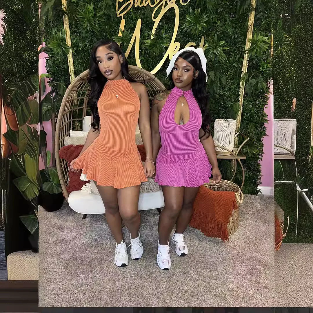 Peeqi D0278 Summer woman clothes Sleeveless Hollow out Pleated Mini Dress Slim Fit Skirt Sexy casual plus size dresses women