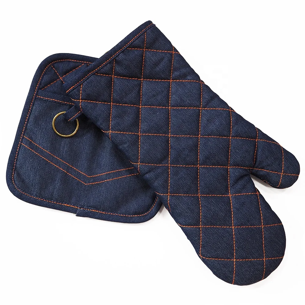 Термостойкая сверхпрочная кухонная варежка для духовки, пользовательский кулинарный шеф-повар, логотип от производителя, барбекю, джинсовая перчатка для духовки