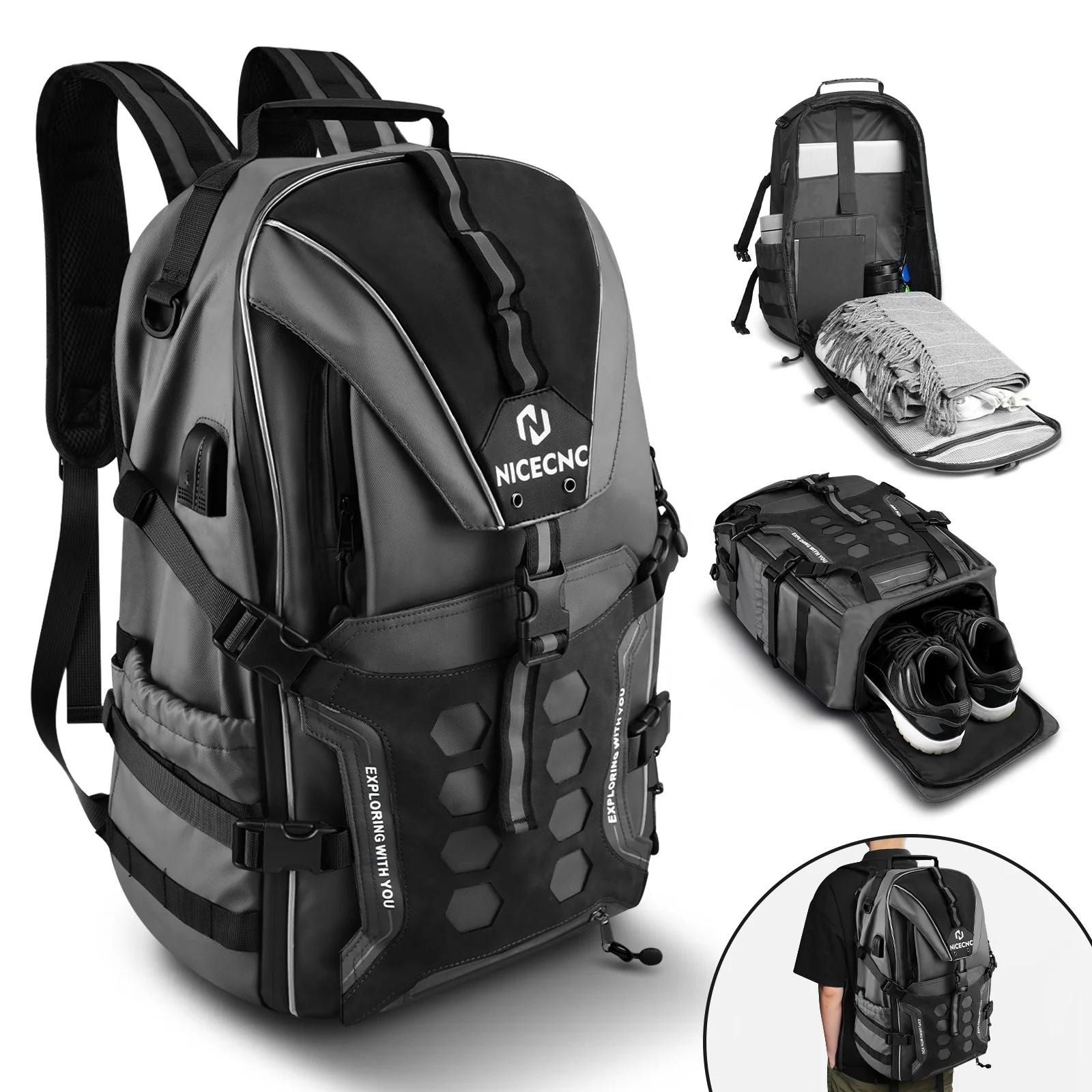NiceCNC 35L Large Capacity Motorcycle Backpack Helmet Luggage Bag with USB-charge Port