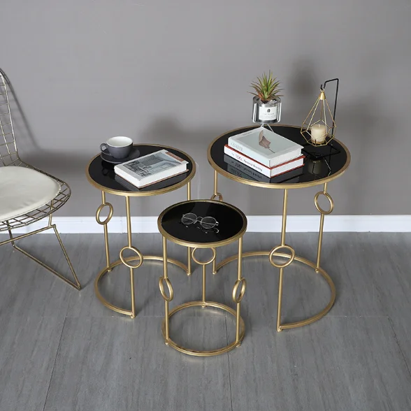Hot selling gold metal legs 3 pieces round shape glass nesting coffee table