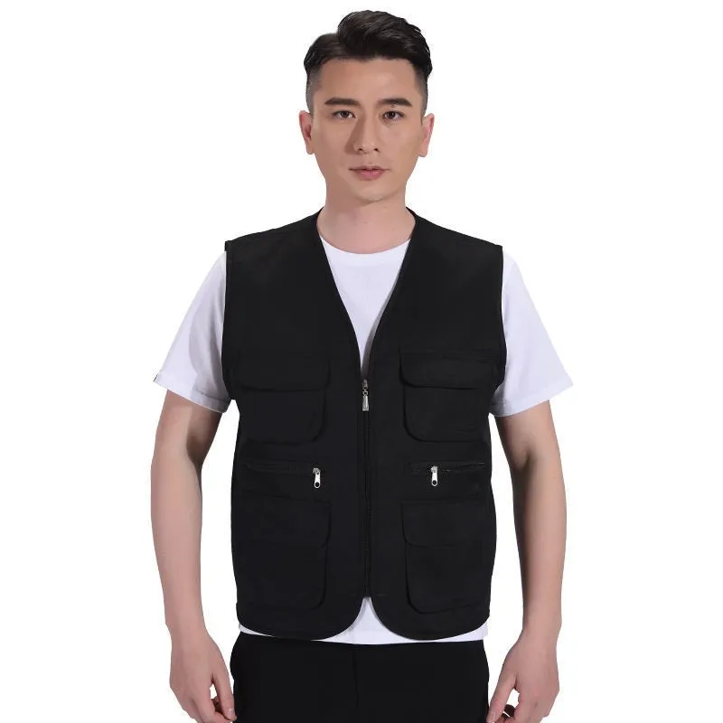 Jinteng Custom Logo Utility Reporter Multi Pocket Fishing Solid Workwear Uniform Cargo Vest for Outdoor Polyester Zip up Vest