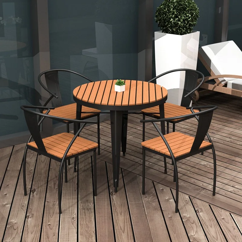 Courtyard Balcony Street Sun Protection And Rain Protection Plastic Wooden Table And Chair Set  Outdoor Furniture Table And Chai