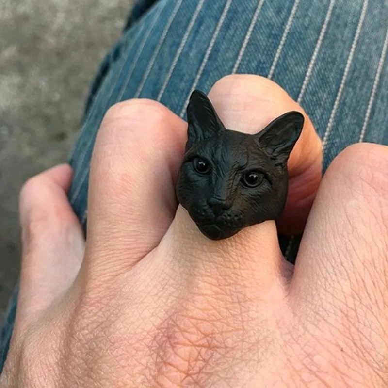 
New Trendy Personalized Cute Adjustable Big Head Cat Ring Silver Black Color Plated Men Fashion Animal Cat Rings Women Jewellery  (62506394968)