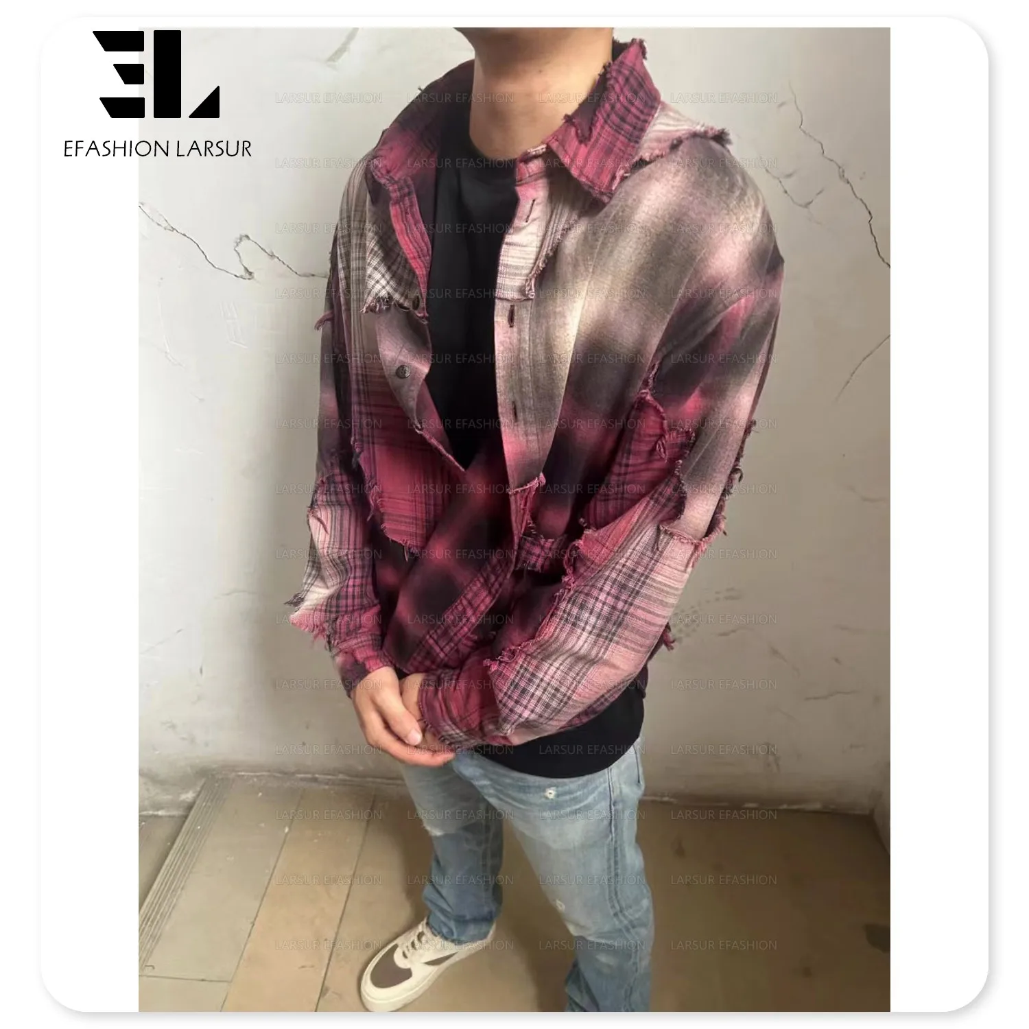 LARSUR Custom factory fleece wool / polyester plaid flannel shirts ripped raw edges sun faded dye patchwork flannel jacket men