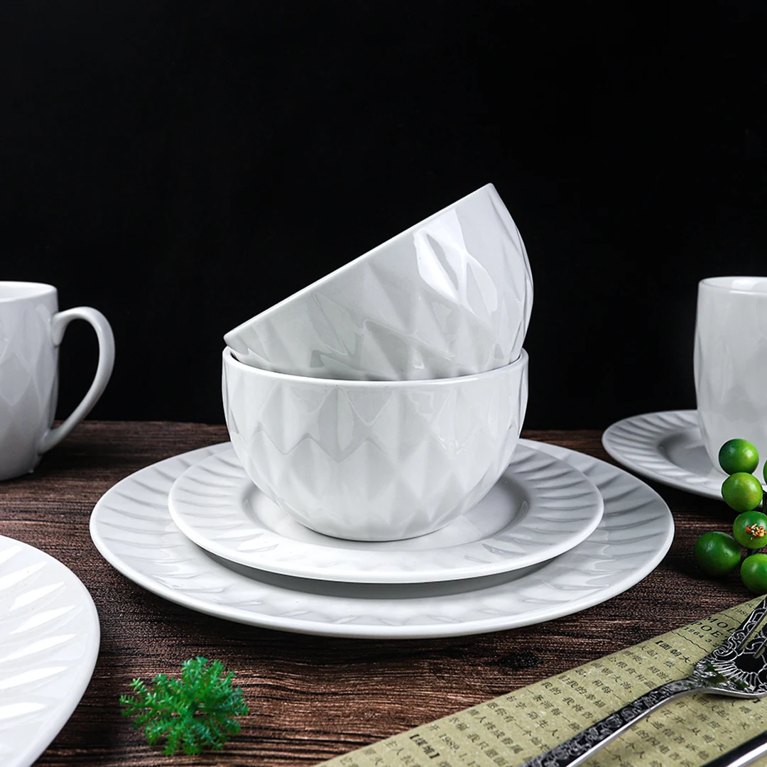 chip resistant scratch resistant dinner plate salad plate cereal bowl mugs embossed white dinnerware collection