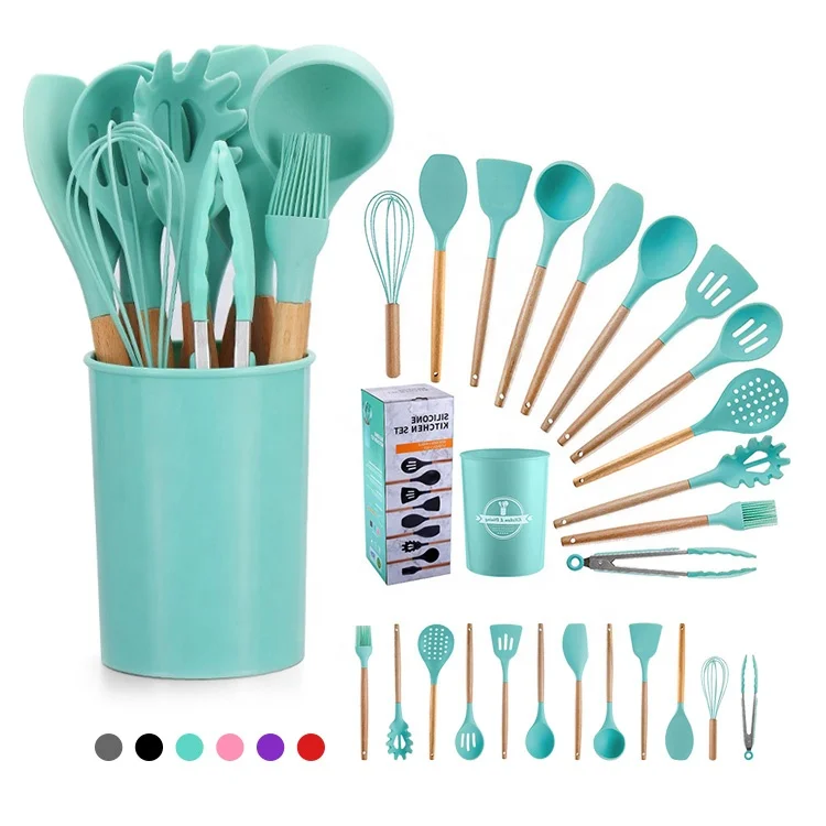 
BPA Free Heat Resistant Gray 12 Pcs Silicone Cooking Utensils Kitchen Utensil Set with Wooden Handles 