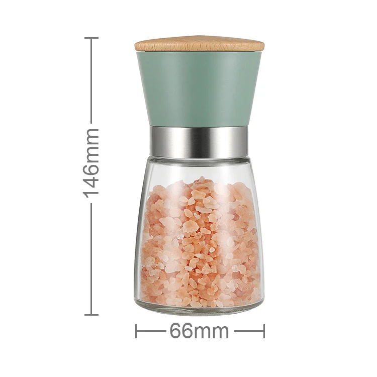 
LFGB PP plastic body stainless steel ring Ceramic burr manual Salt and pepper mill with wooden Lid 170 mL glass bottle 