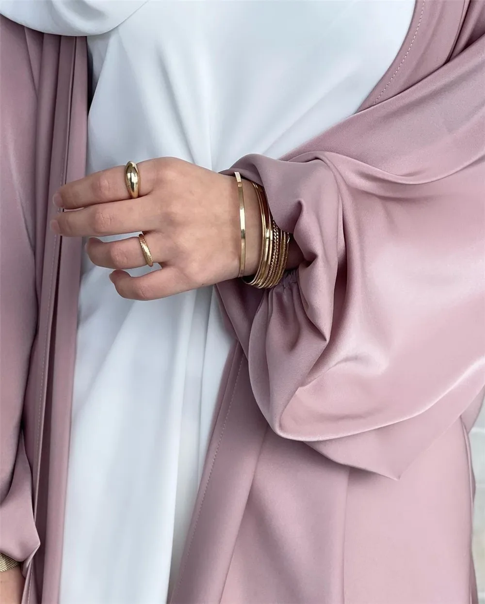 2022 muslim women dress Puff Sleeve Cardigan  Long Sleeve Fancy Drawstring Monochrome Silk Robe