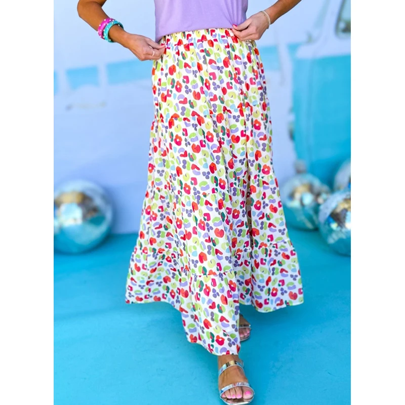Dear-Lover New Arrivals Abstract Leopard Print Tiered Flowy Long Maxi Skirts For Women