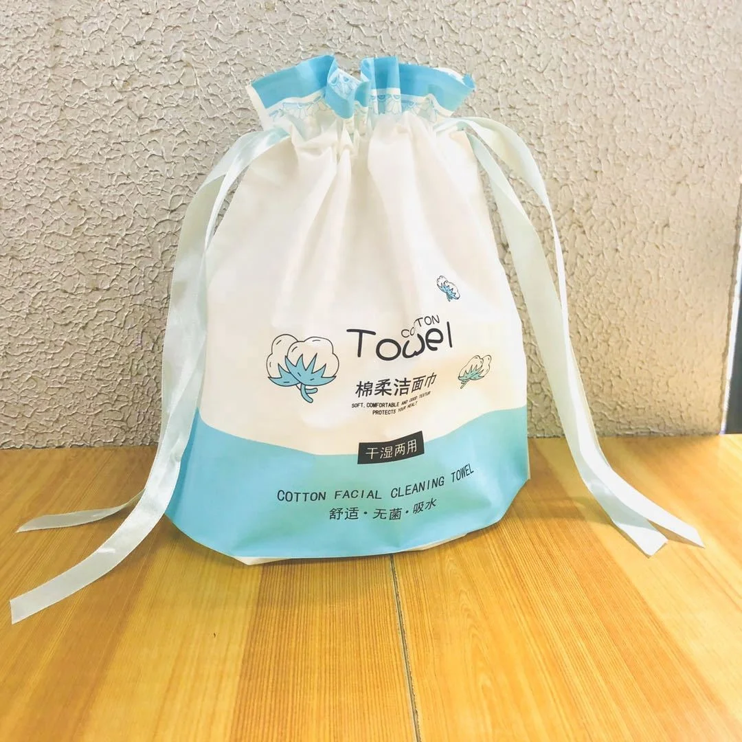 Customizable CPE Facial Cotton Tissue Washcloth Packing Plastic Drawstring Dry Cleansing Towel Packaging Bag Wearing Rope