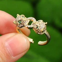 Real 18k Gold Plated Crystal CZ Animal Leopard Open Rings Adjustable Micro Pave Cubic Zirconia Cheetah Finger Ring for men