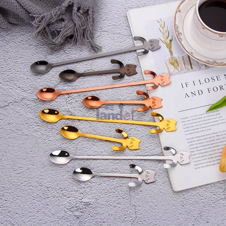 Cat Design Edible Cartoon Silver Black Table Long Handle Brass Korean Stainless Steel 304 Gold Coffee Milk Tea Spoons Ice Spoon