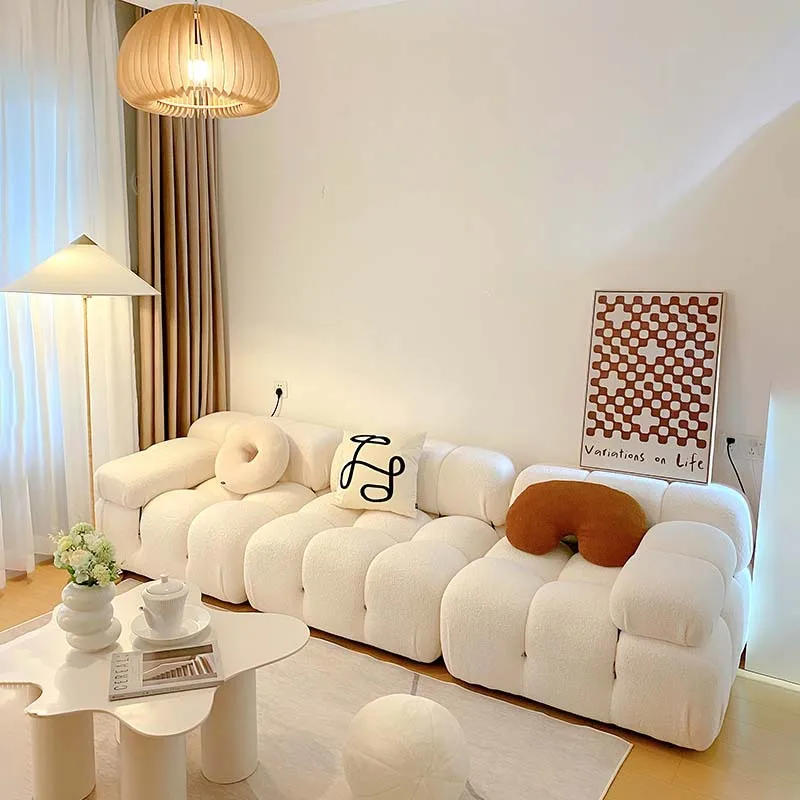 Minimalism French Small family Lamb velvet sofa square module sofa combination minimalist white living room sofa