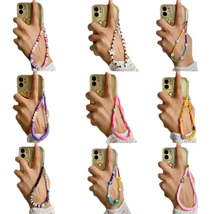 Universal Cellphone Lanyard Colorful Beads iphone Chain Straps Boho Soft Clay Phone Charms Wrist For Women Girls
