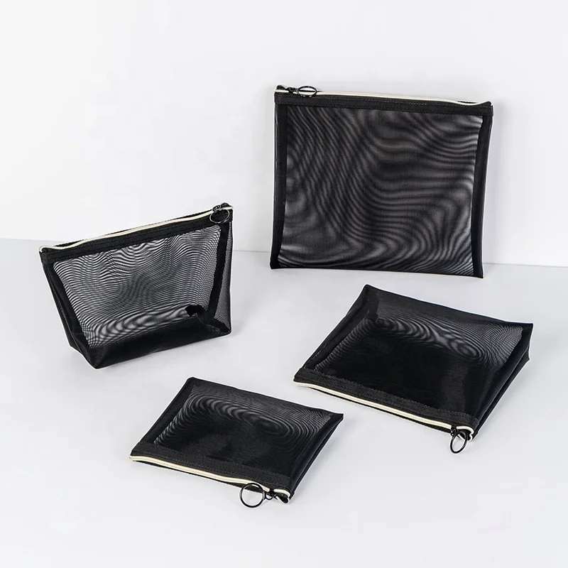 Factory Wholesale Black Mesh Makeup Pouch Organizer Travel Wash Bag Beach Round Toiletry Bag Net Bathroom Mesh Cosmetic Bag