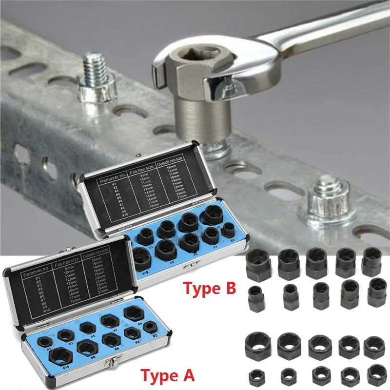 10Pcs Damaged Bolt Nut Screw Remover Extractor Removal Set Nut Removal Socket Tool Threading Hand Tools Kit With Box