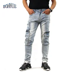new PUNK STYLE pants urban Denim cargo pants side pockets jeans for men