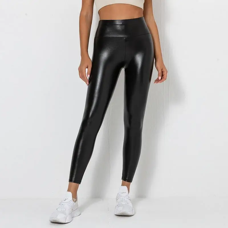 Slip Silk Training Stretch Ladies Sport Pants Plus Size Butt Lift Tights Trousers Women Fitness Yoga High-Rise Leather Leggings