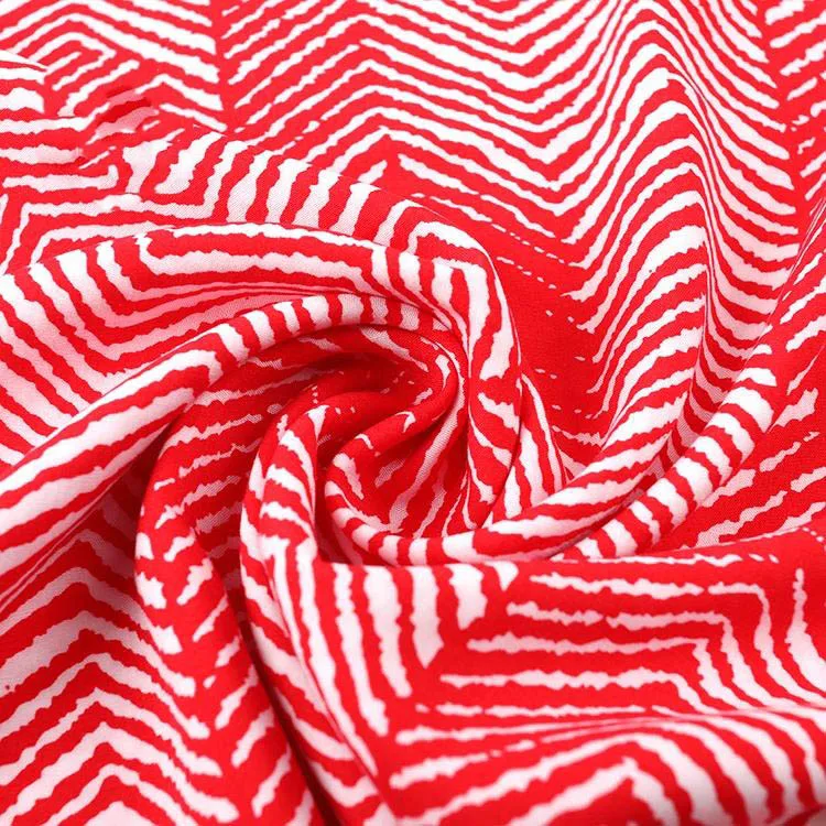 Shaoxing Viscose Manufacturer Supply Custom Red Stripe Designs 100% Rayon Printed Fabric Woven Fabric for Dress