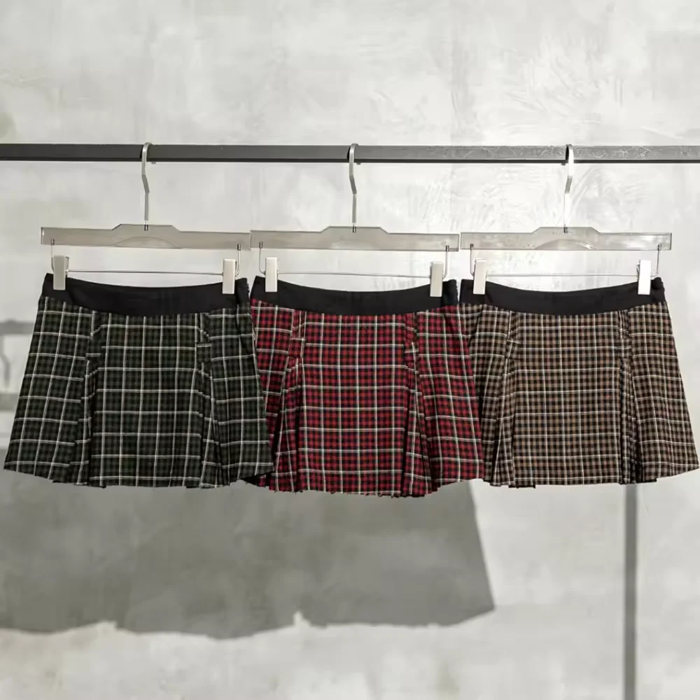 BEN835 Wholesale 2024 Summer 145GSM 100%Cotton Ladies A-Line Y2K Sexy Mini Pleated Plaid Skirt For Women