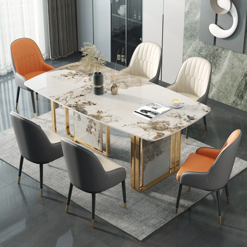 Luxury modern kitchen dining tables rectangular square shaped artificial slate top 6 seater steel leg slate dining table
