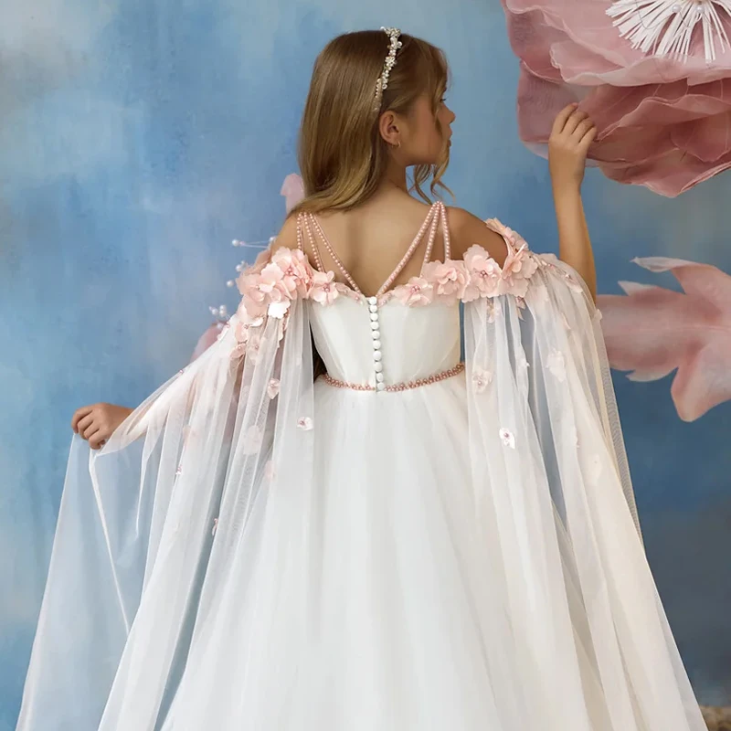 Vivid Pearls Shoulder Strap Flower Haute Couture Pink Satin High Quality Wedding Birthday Girl Princess Party Dress with Train