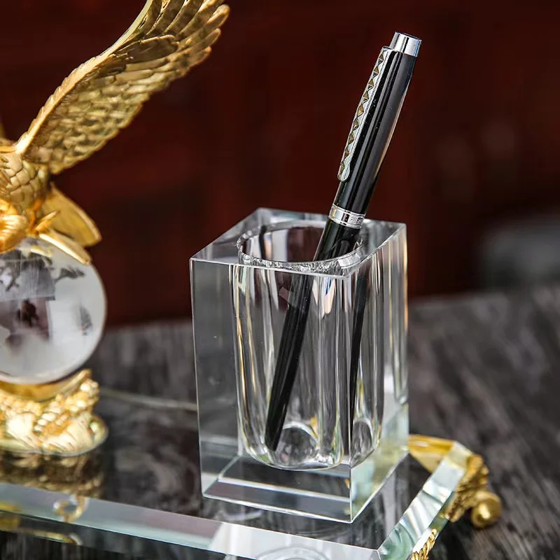 Grace Made Luxurious Business Gifts Handmade Office Stationary Crystal Glass Pen Holder With Golden Eagle