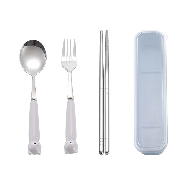 Kids Cute Fork Spoon Chopstick Cutlery Set Stainless Steel 410 Children Flatware Set Ceramic handle With Case