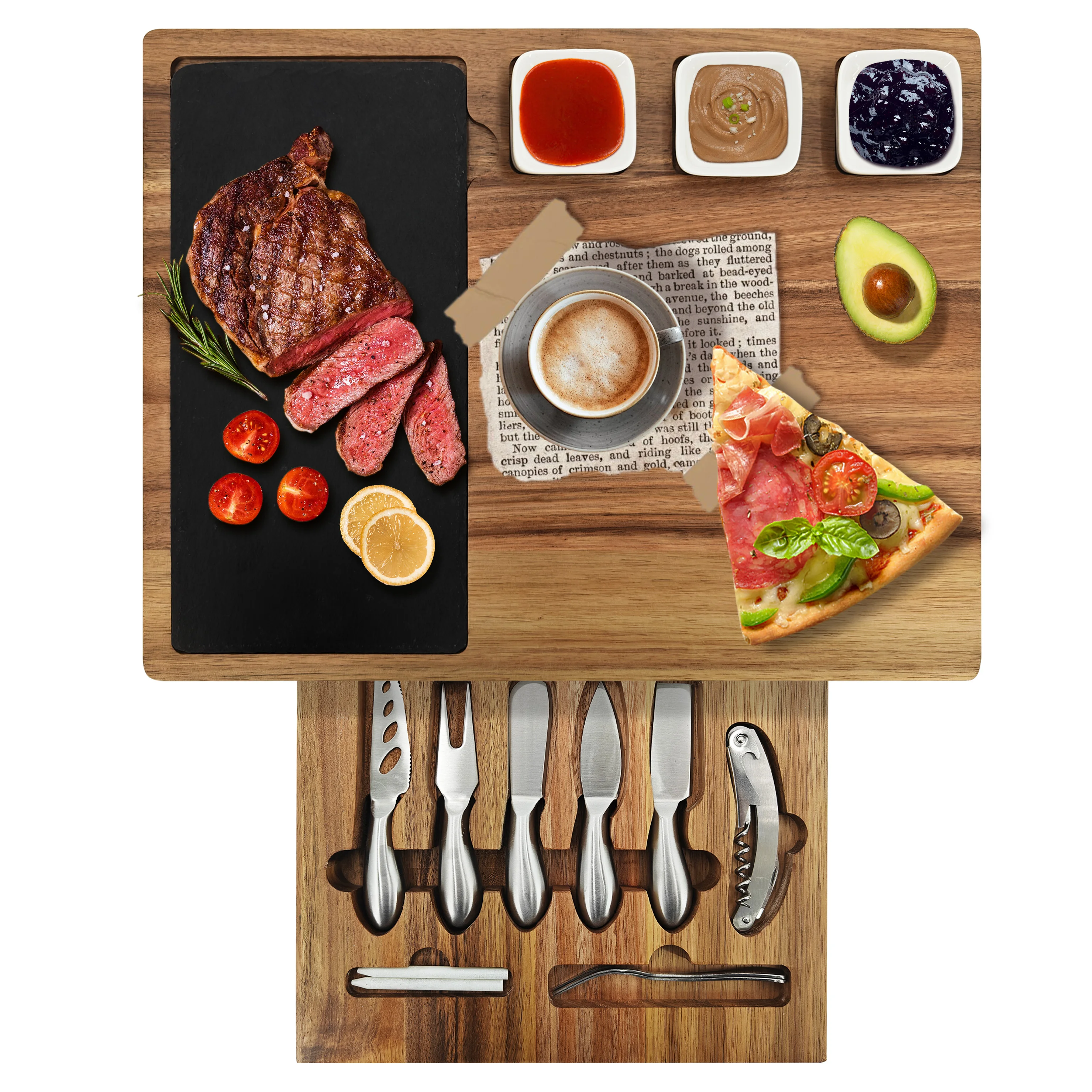 Wholesale wooden cheese board knife set custom cheese platter tray wood charcuterie board  acacia wood cheese board