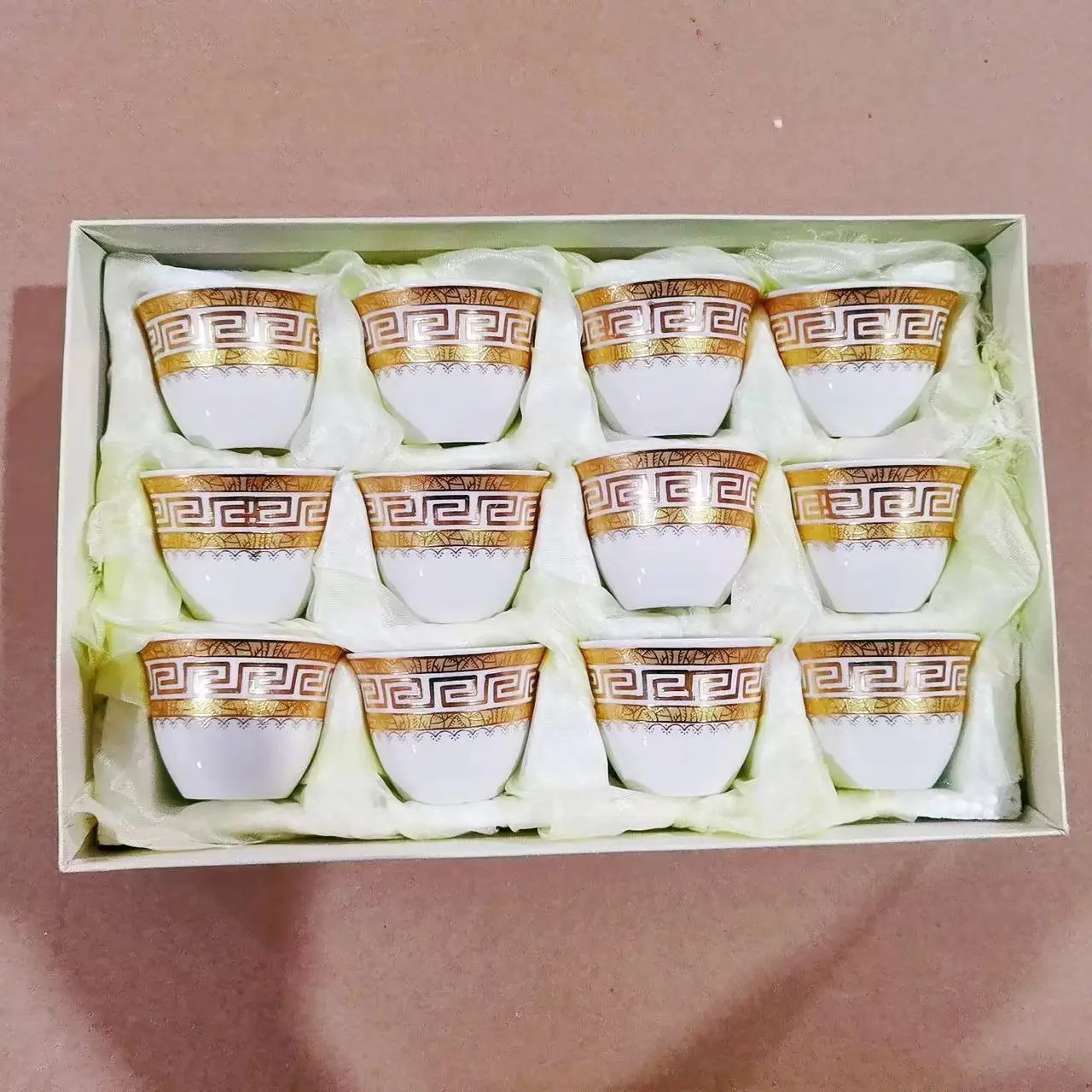 Gold Rim Gift Box Packaging New Bone Material Fancy 12 Pcs Porcelain Saudi Arabic Coffee Cups Cawa Cup Set